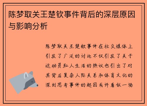 陈梦取关王楚钦事件背后的深层原因与影响分析